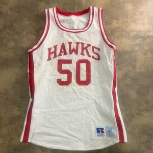 Russell Athletic Basketball Jersey Mens 42 White Hawks 50 Mesh Vintage USA Made